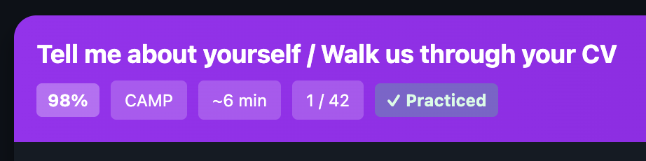 Question card showing probability percentage, framework tag, time limit, and practice status