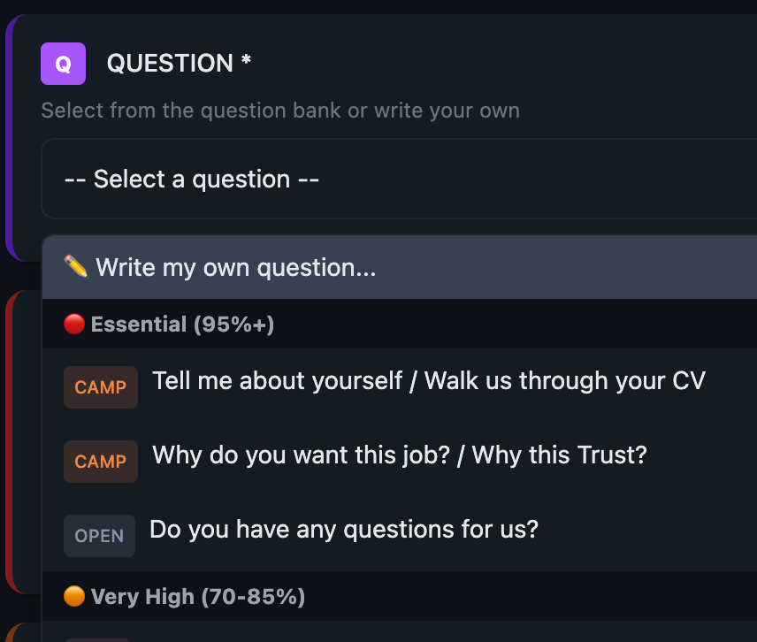 Question dropdown showing questions grouped by probability tiers