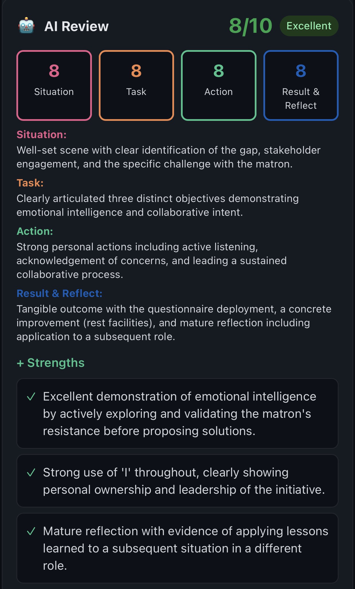 AI feedback showing 8/10 Excellent overall score with STAR section scores, commentary and strengths