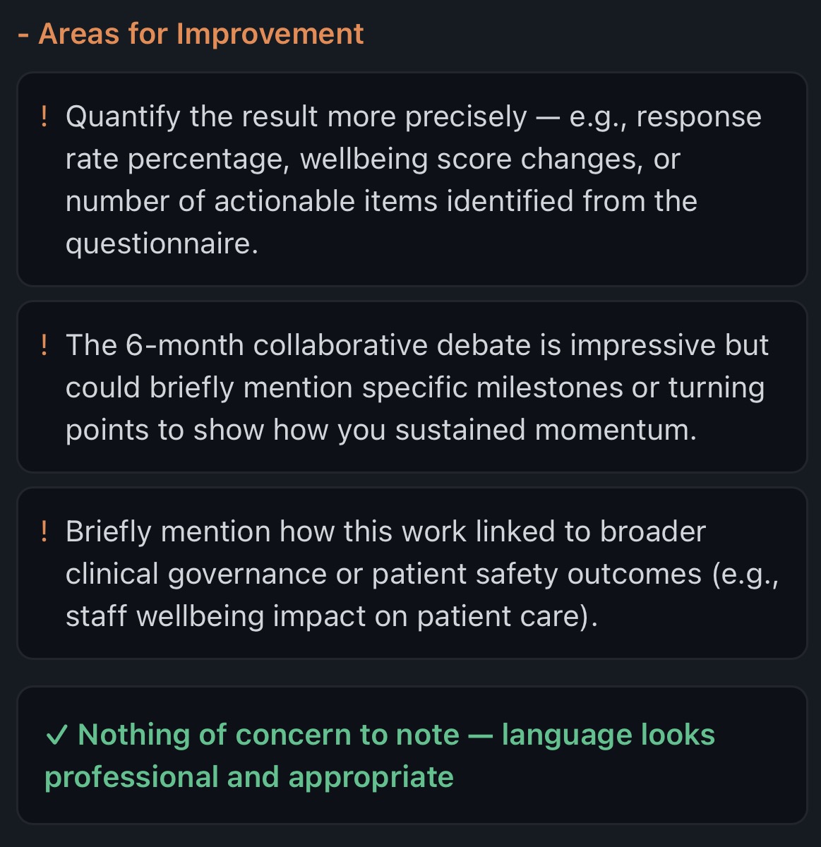 AI feedback areas for improvement with orange markers and language review