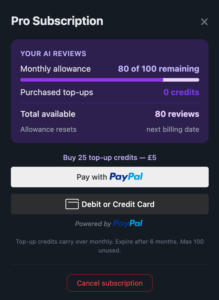 Pro subscription management showing AI credits, top-ups, and cancel option