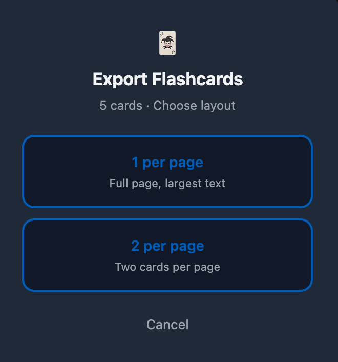 Export Flashcards modal with 1 per page and 2 per page layout options