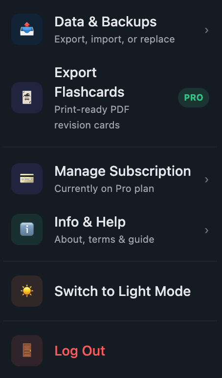 Account menu showing Data and Backups, Export Flashcards, Manage Subscription, Info and Help, Dark Mode toggle, and Log Out