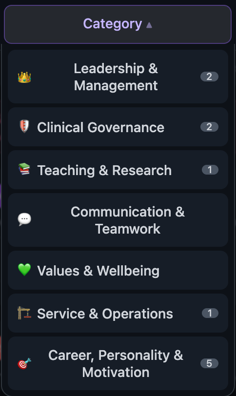 Add tab category dropdown showing 7 categories with question counts
