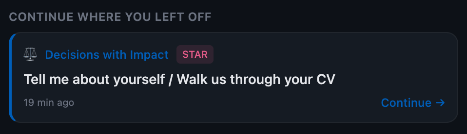 Continue where you left off card showing last edited question