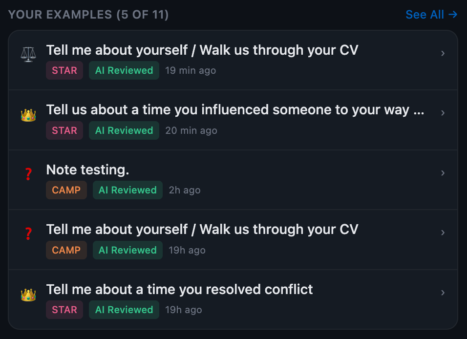 Your questions list showing 5 recent questions with STAR/CAMP tags and AI Reviewed badges