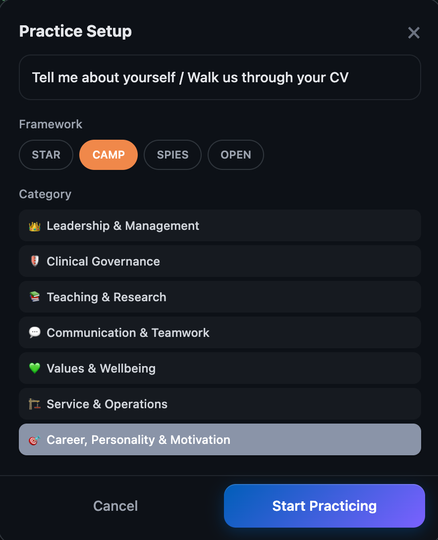 Practice Setup popup showing framework selector with STAR, CAMP, SPIES, OPEN pills and category picker