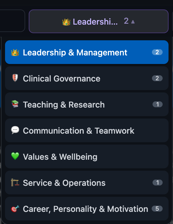 Review tab category dropdown showing 7 categories with question counts